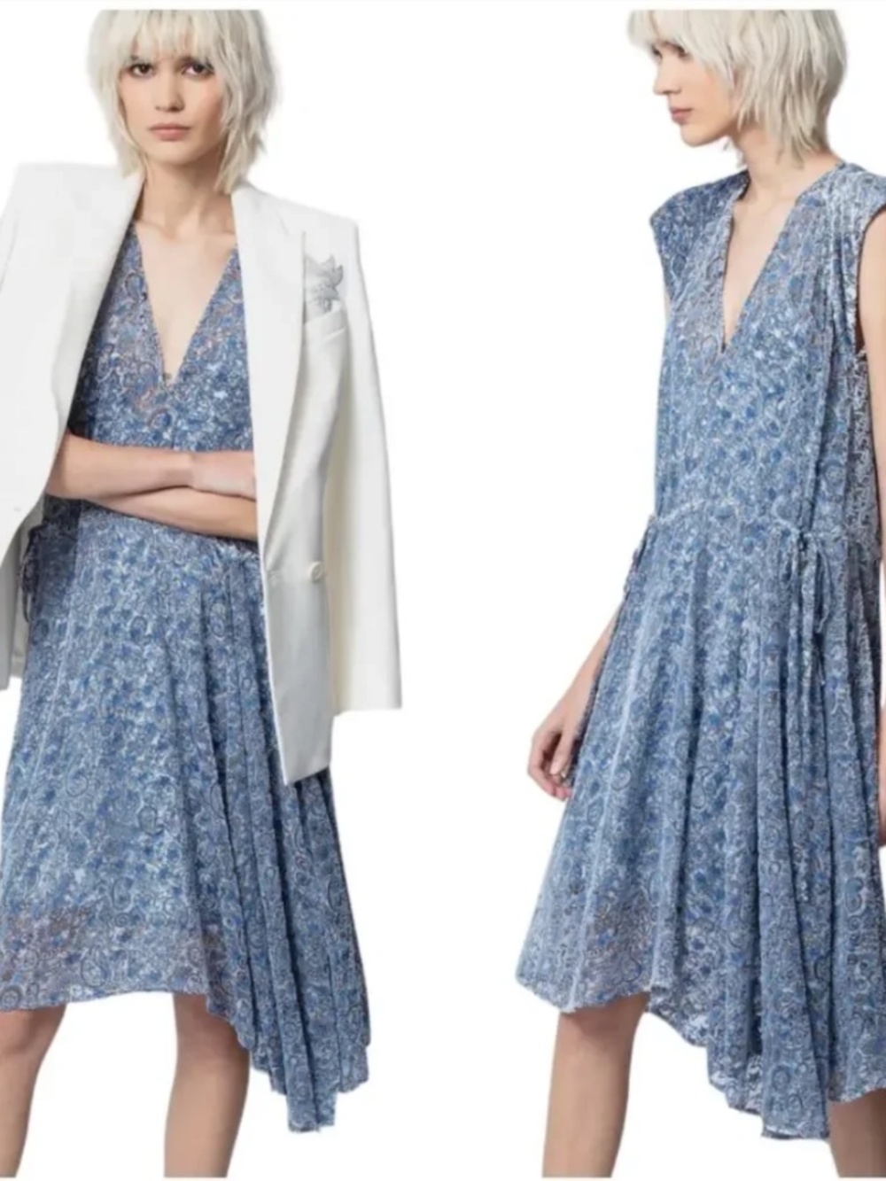 Zadig & Voltaire Rozane Silk Blend Dress Lt. Blue Velvet Burnout Stars Pattern